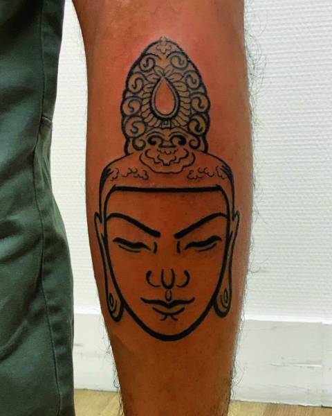 bouddha tatouage mollet trait peau noires bordeaux